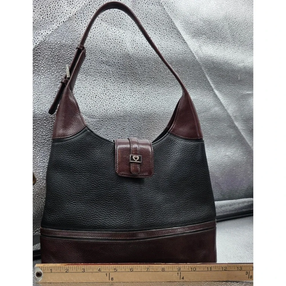 Brighton Shoulder Bag Black‎ Pebbled Leather Burgundy Trim Heart Accent Hobo